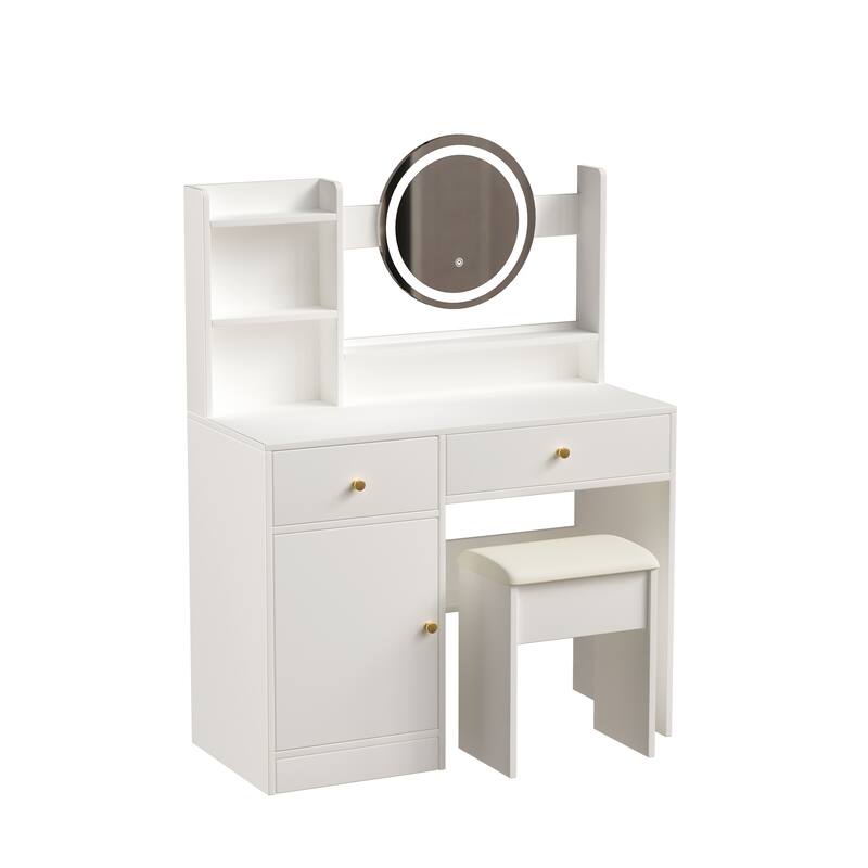 Bedroom Makeup Vanity Desk with Touch LED Light Mirror, Dressing Table with Upholstered Vanity Stool, White