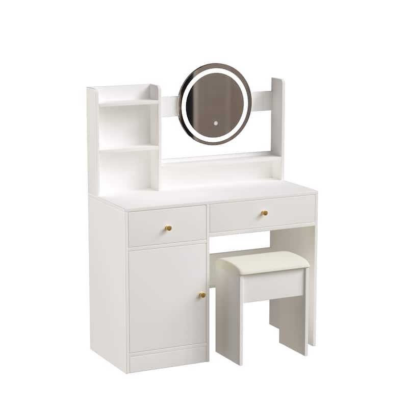 Fashion Vanity Desk with Mirror and Lights for Makeup and Cushioned Chair