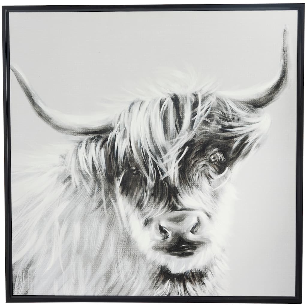 Canvas Bull Shaded Framed Wall Art with Black Frame - White - Roche River Decor