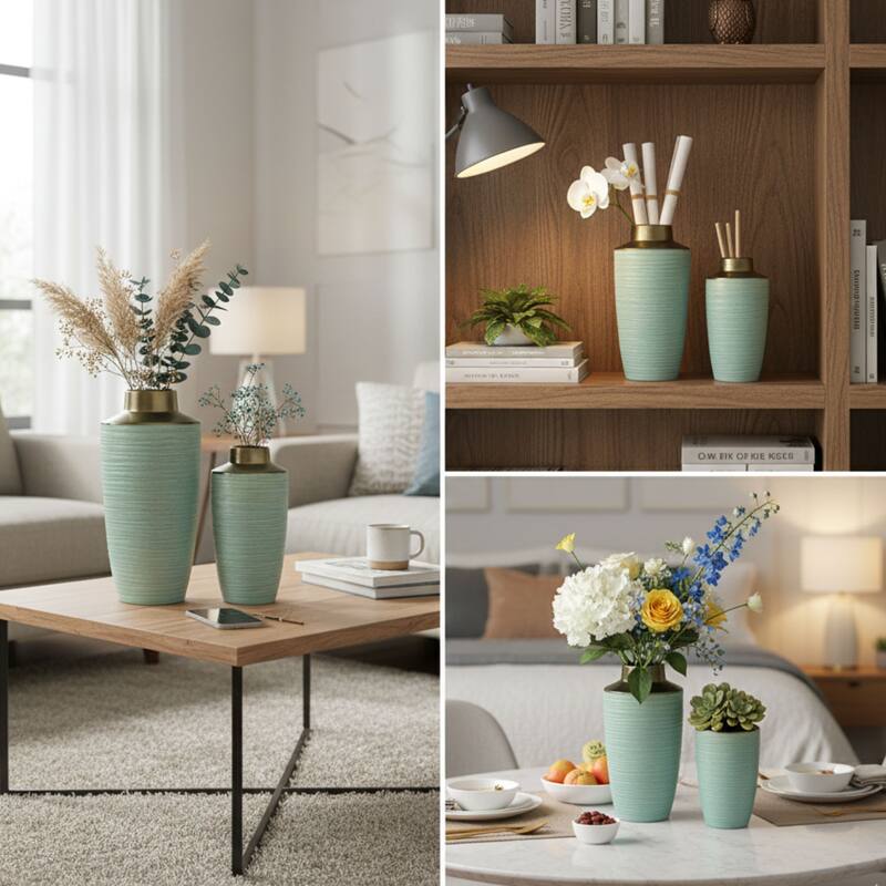 Aria Home Green Ceramic Vases Copper Rim Décor Display Set of 2