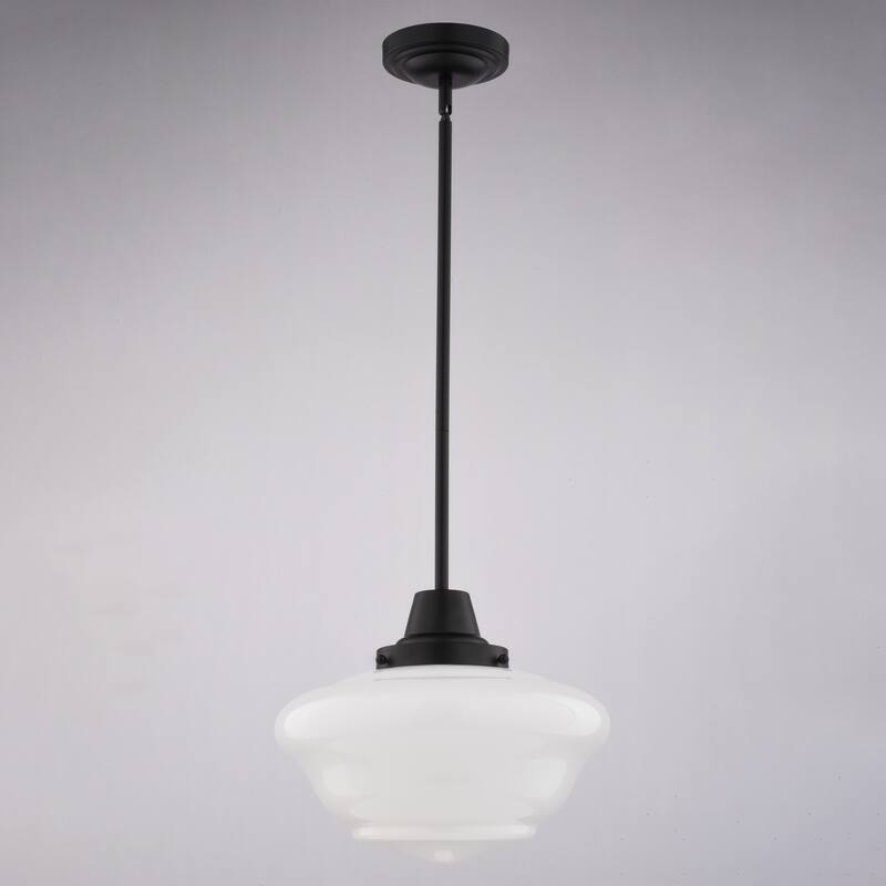 VAXCEL Eastgate 1-Light 12 in. Wide Schoolhouse Mini Pendant, White Frosted Opal Glass Shade, Hanging Ceiling Fixture