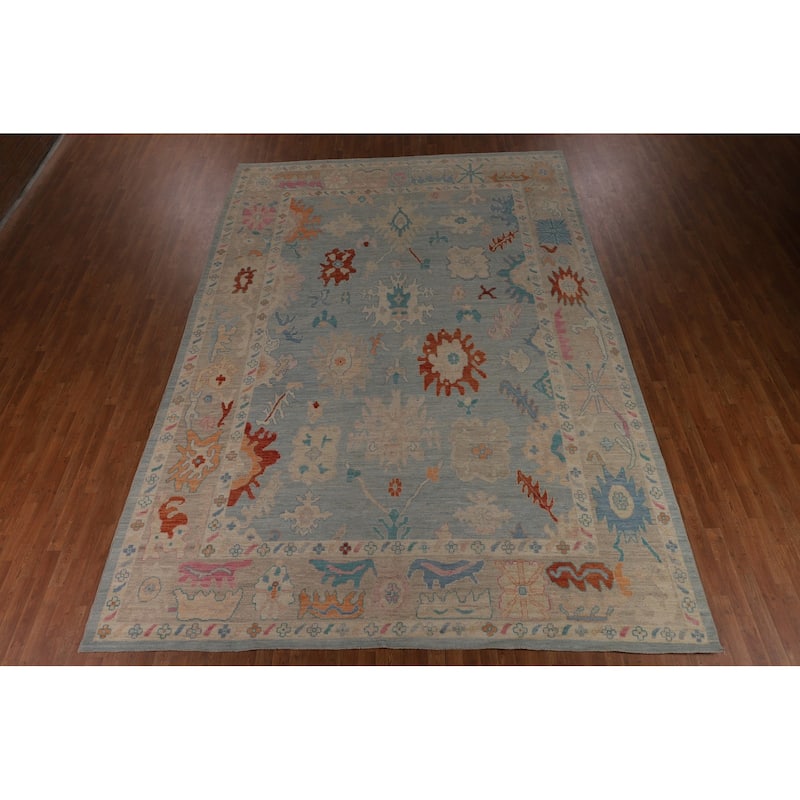 Blue Vegetable Dye Oushak Turkish Large Rug Handmade Wool Carpet - 10'4"x 14'3"