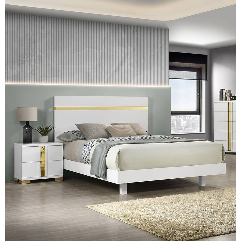 Full Size Engineered Wood LED Platform Bed Set with 2 Nightstands and Acrylic Trim - White