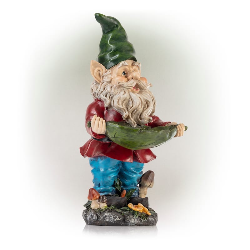 Alpine Corporation 16" Tall Outdoor Garden Gnome and Bird Feeder Yard Statue Decoration