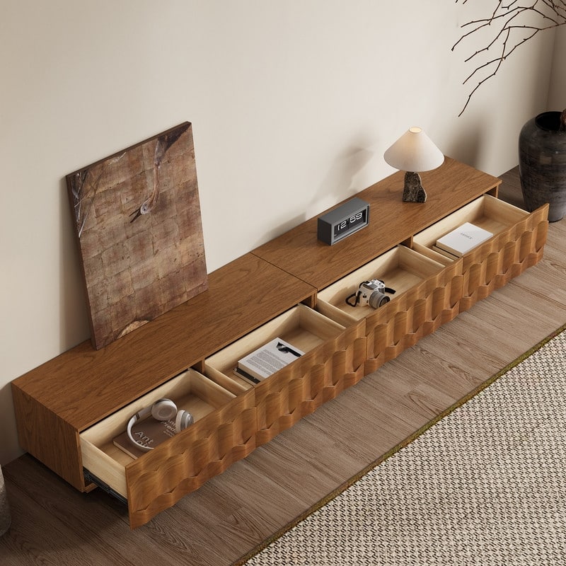 Mid Century Brown Wood TV Stands, Not Assembled Need, Media Console with 3-6 Drawers for Optional