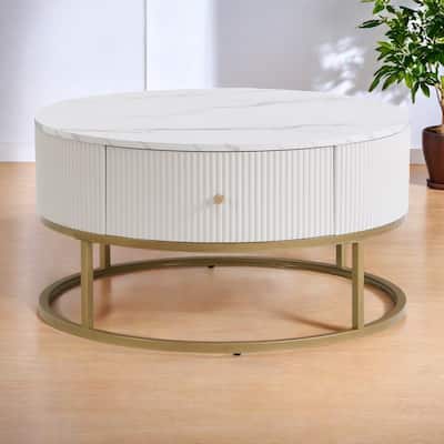 31.5" Iron Faux Marble Table Round End Table with Two Drawers and Anti-Slip Pads