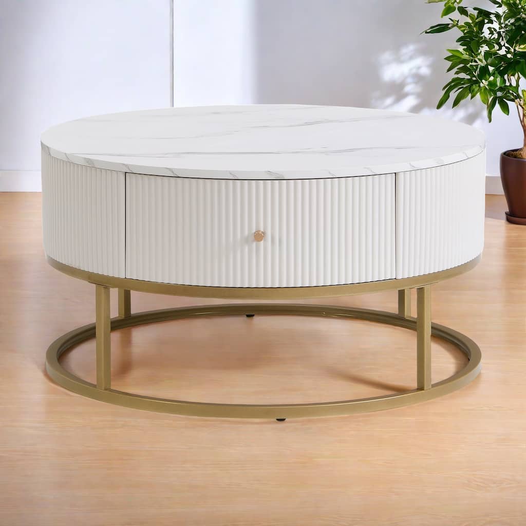 31.5" Iron Faux Marble Table Round End Table with Two Drawers and Anti-Slip Pads