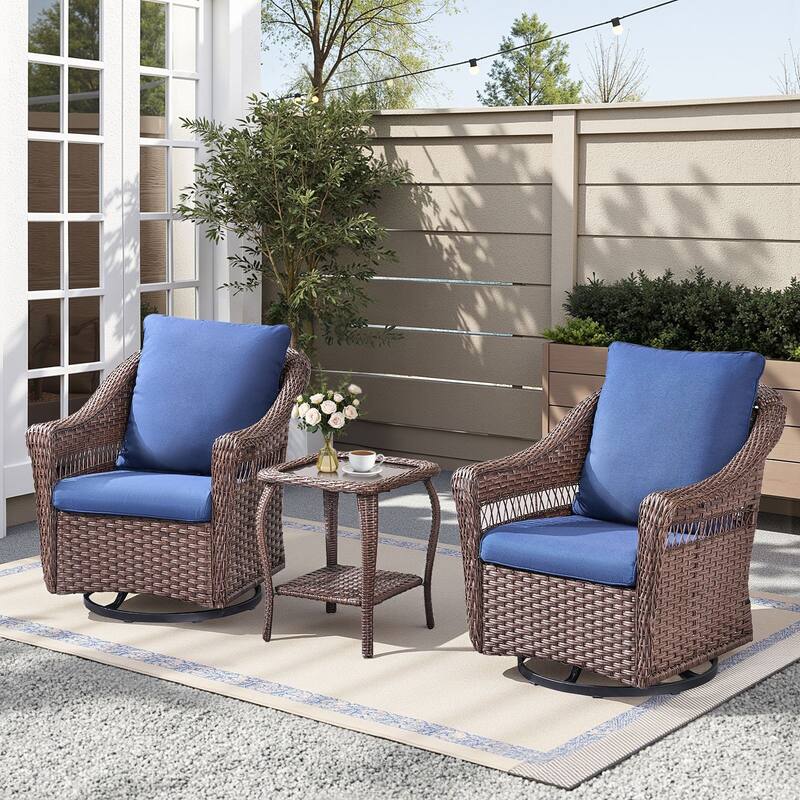 Pocassy 3 Pieces Swivel Chair with Side Table - Brown & Blue