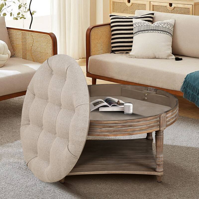 Large Round Coffee Table and Tufted Ottoman with Wooden Shelf Storage - 31.49'' x 31.49'' x 18.5''