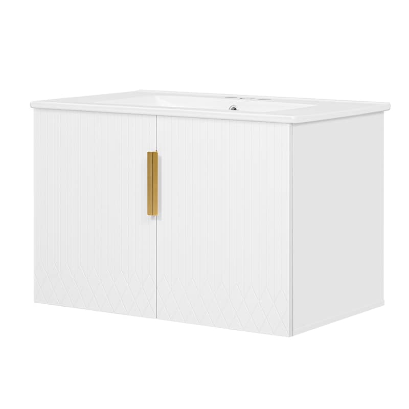 Wall Mounted Bathroom Vanity Floating Storage Cabinet with Ceramic Sink, Geometric Lines Dual Doors and Adjustable Shelf