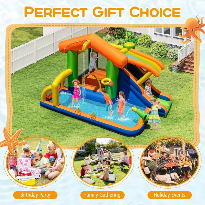 Gymax 8-in-1 Inflatable Bounce House Water Park w/ Slide Water Cannon - Multicolors