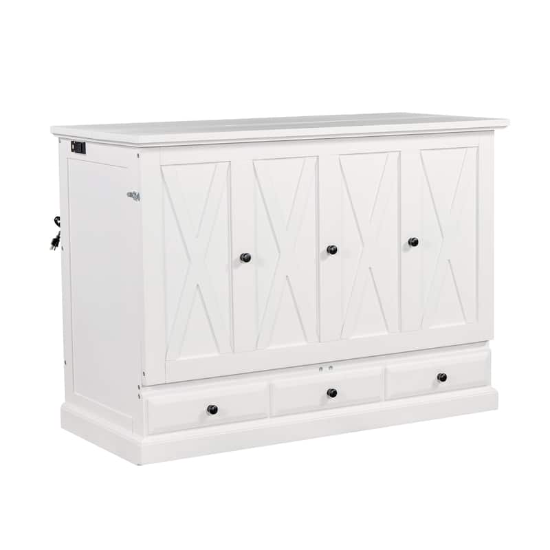 White Full Size Solid Pine Murphy Bed with Charging Station and Large Storage Drawer for Home Office or Small Room