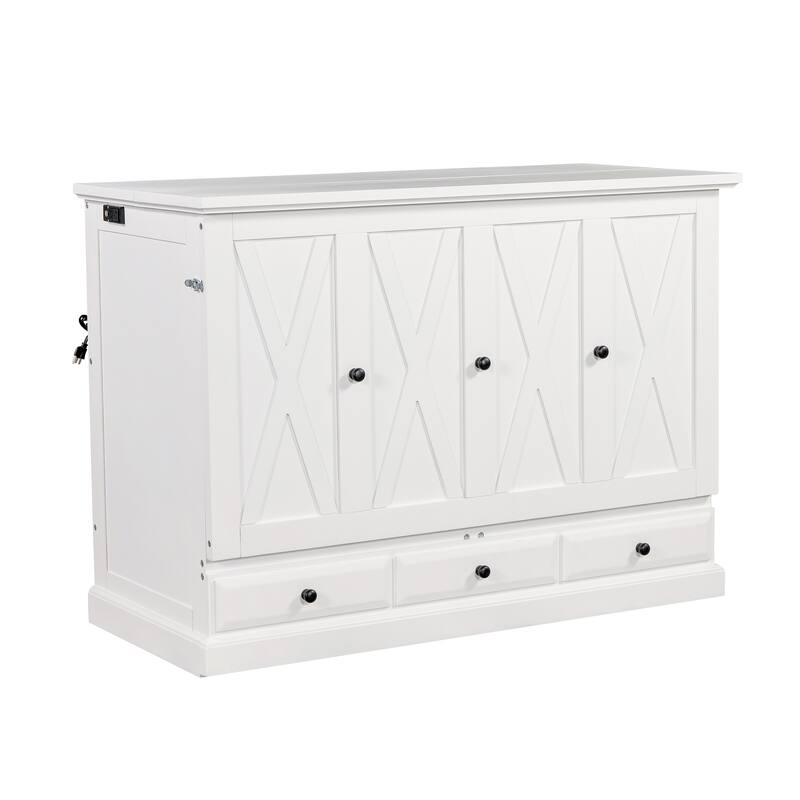White Full Size Solid Pine Murphy Bed with Charging Station and Large Storage Drawer