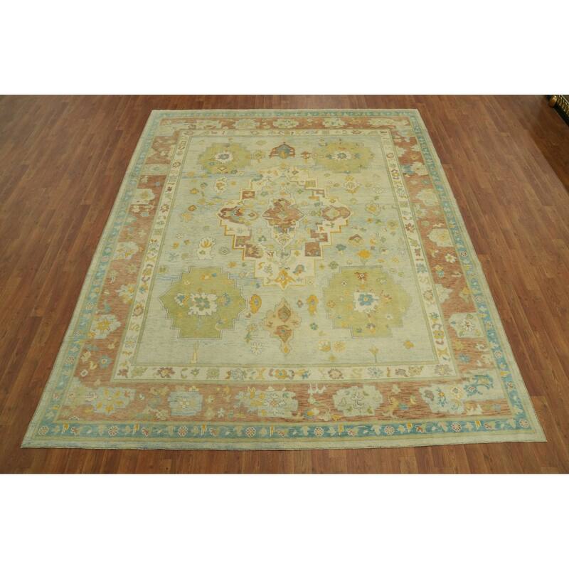 Handmade Wool Oushak Turkish Area Rug, Medallion Geometric Carpet - 10' 1'' X 8' 6''