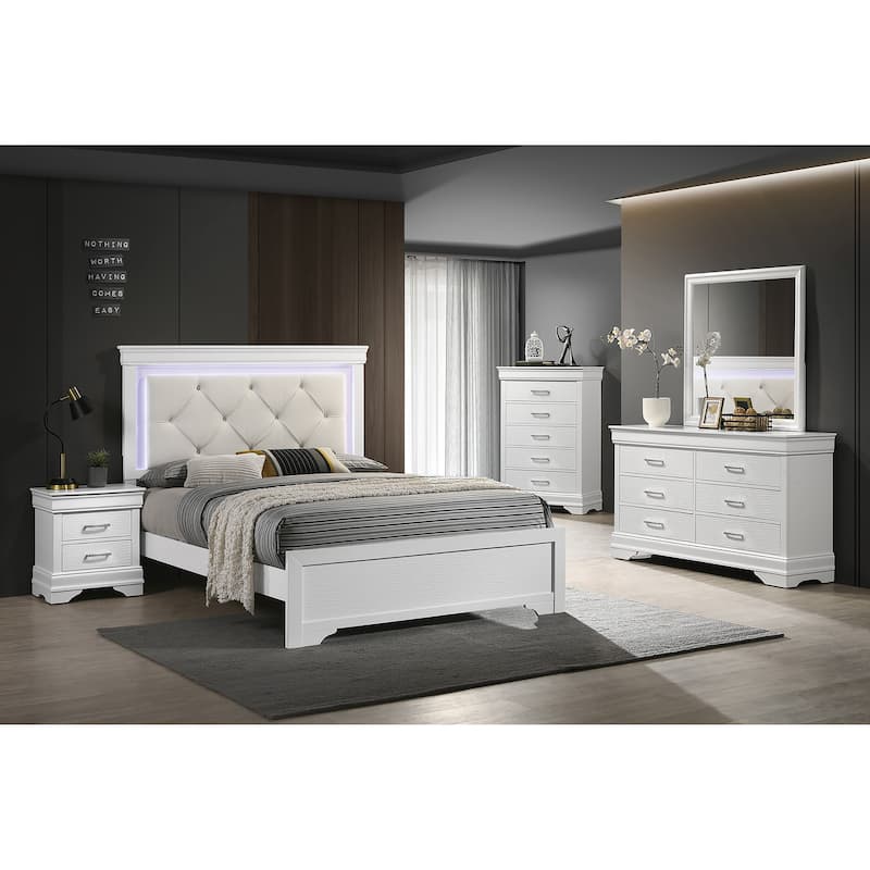 Contemporary Style 1pc Bed Set Diamond Button Tufting Headboard Built In LED Lights Bracket Legs White Finish