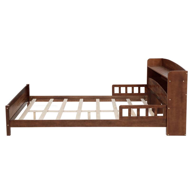 Full Size Pine Bed w/ Bookcase Headboard ,LED Sensor Light, Guardrails