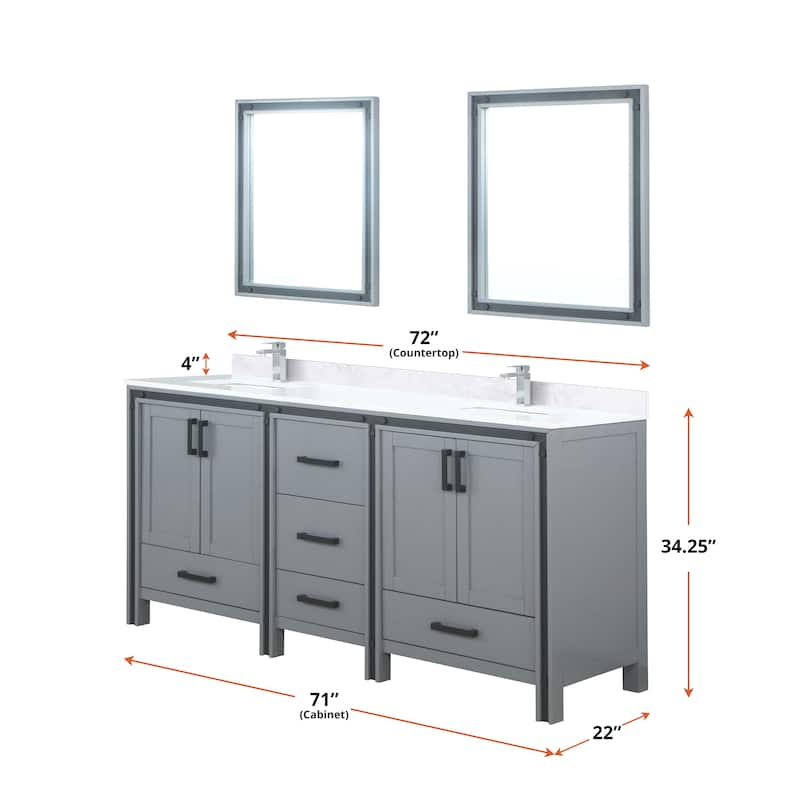 Ziva 72 in W x 22 in D White Double Bath Vanity, White Quartz Top, Faucet Set and 30 in Mirrors