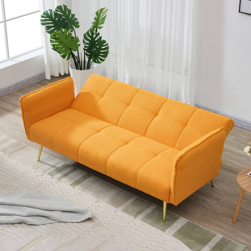 Convertible Sofa Couch Sleeper Sofa with Adjustable Backrest, Yellow Velvet Folding Sofa Bed with Wood Frame