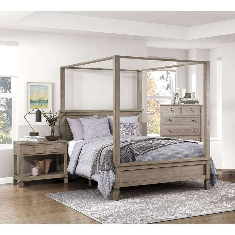 3pc Sturdy Bedroom Furniture Canopy Bed Chest Nightstand Set