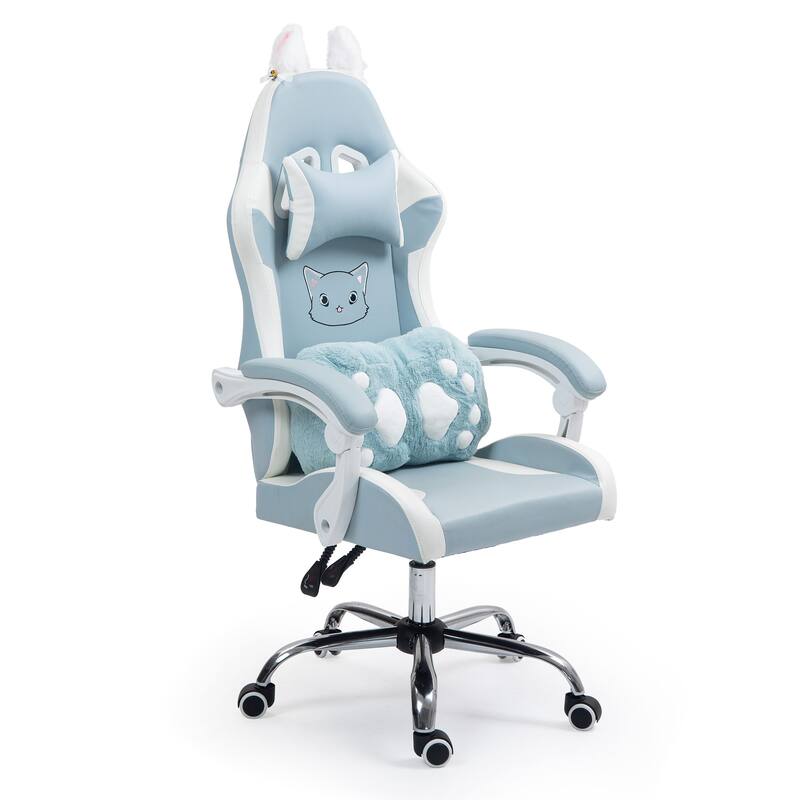 Cute Gaming Chair with Cat Paw Lumbar Cushion and Cat Ears, Ergonomic Computer Chair,Reclining PC Game Chair