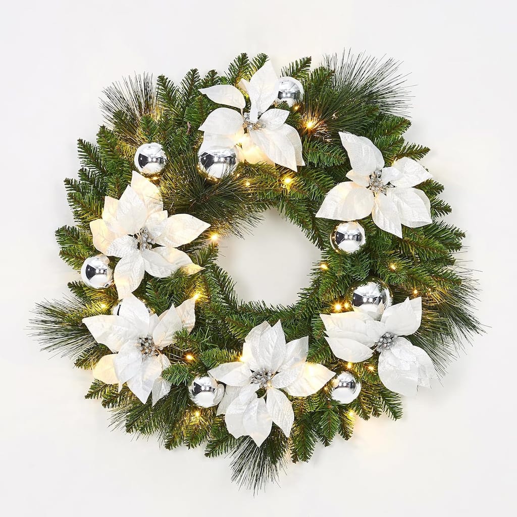 24 in Pre-Lit Christmas Wreath Front Door Lighted Wreath with Flower Cypress Leaves Christmas Ball - N/A
