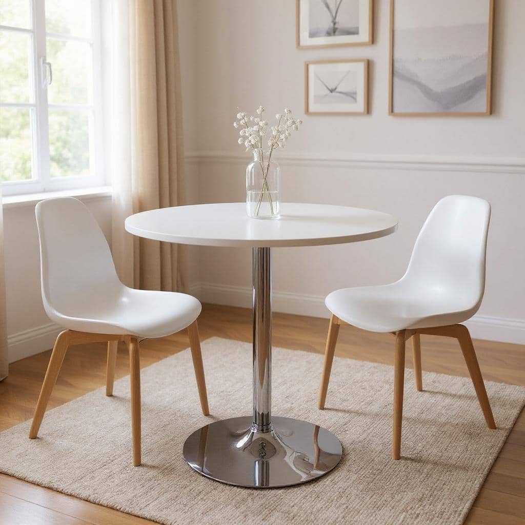 HomeRoots 36" White and Silver Wood and Metal Pedestal Base Round Top Dining Table - 35.50 in. x 35.00 in. x 35.50 in.