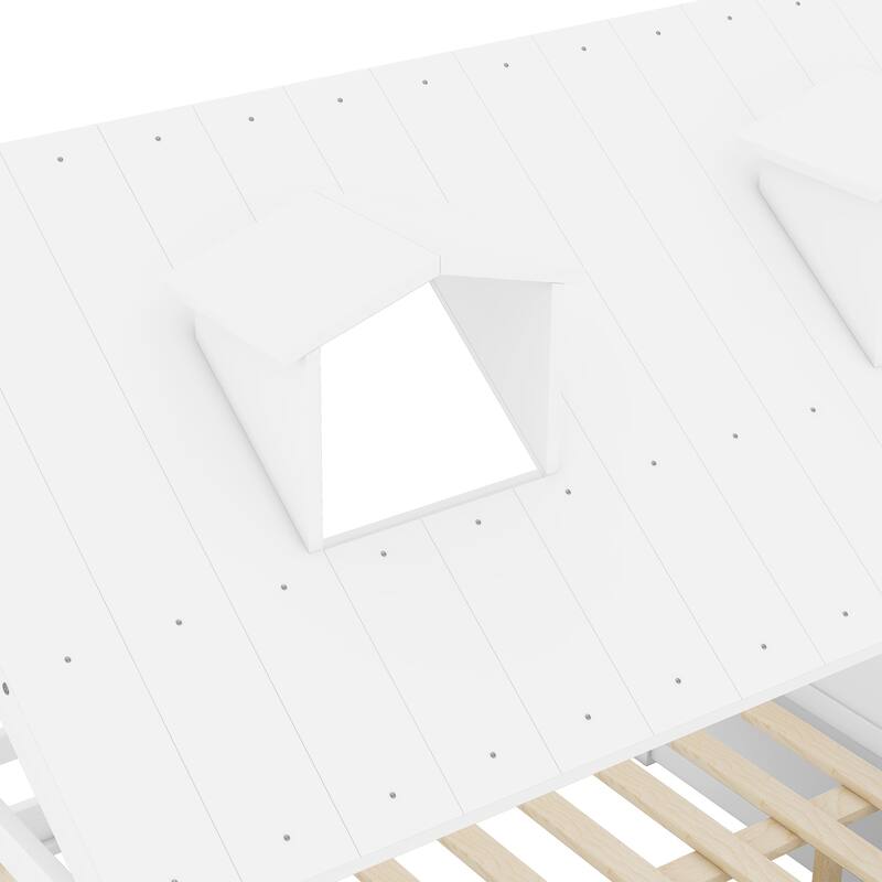 White Full Size Wood House Bed with Fence & Roof