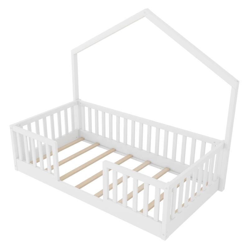 Twin Floor Bed with High Rails, Wooden Montessori Bed with Light for Kids, Boys and Girls, White