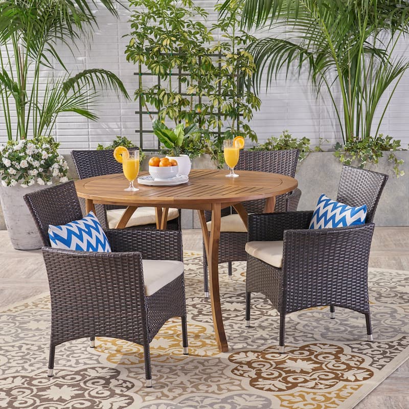 Albury Outdoor 5 Piece Acacia Wood and Wicker Dining Set by Christopher Knight Home - N/A - Teak