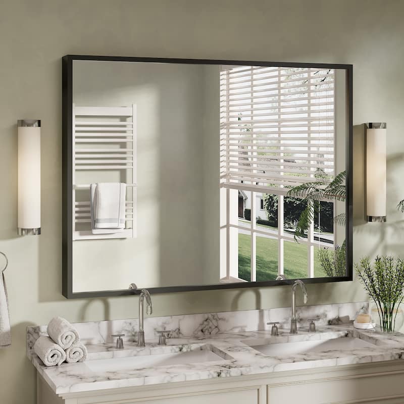 Tempered Glass and Metal Framed French Cleat Mounted Wall Bathroom / Vanity Mirror - 48" x 40" - Black