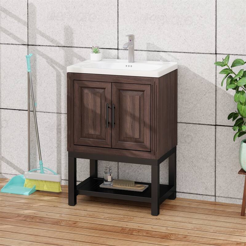 24" Bathroom Vanity with White Ceramic Sink & Hot and Cold Faucet - Walnut
