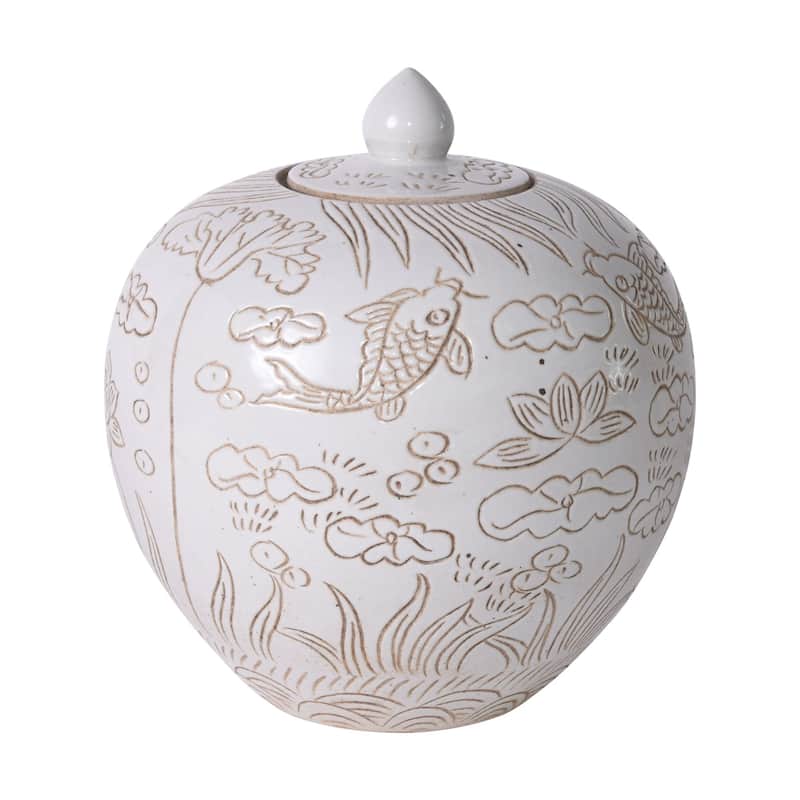 Matte White Carved Fish Melon Jar - 12x12x12
