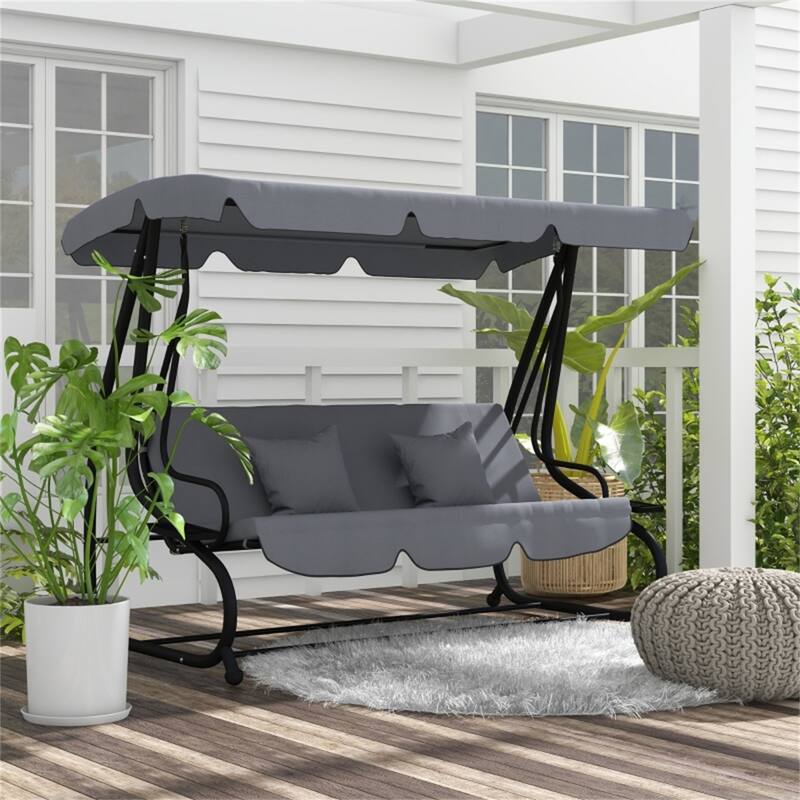 Convertible Patio Swing Bench with Steel Frame and Soft Cushions Pillows Canopy and Cup Holders - 78.75" L x 47.25" W x 64.5" H - Dark-Grey-Black