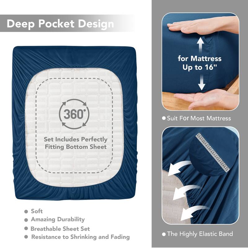 Deconovo 4-Piece Ultra-Soft Bed Sheet Set, 1800 Thread Count, Deep Pockets