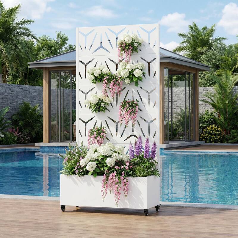 Metal Galvanized Planter Box with Trellis Privacy Screen Lockable Wheels