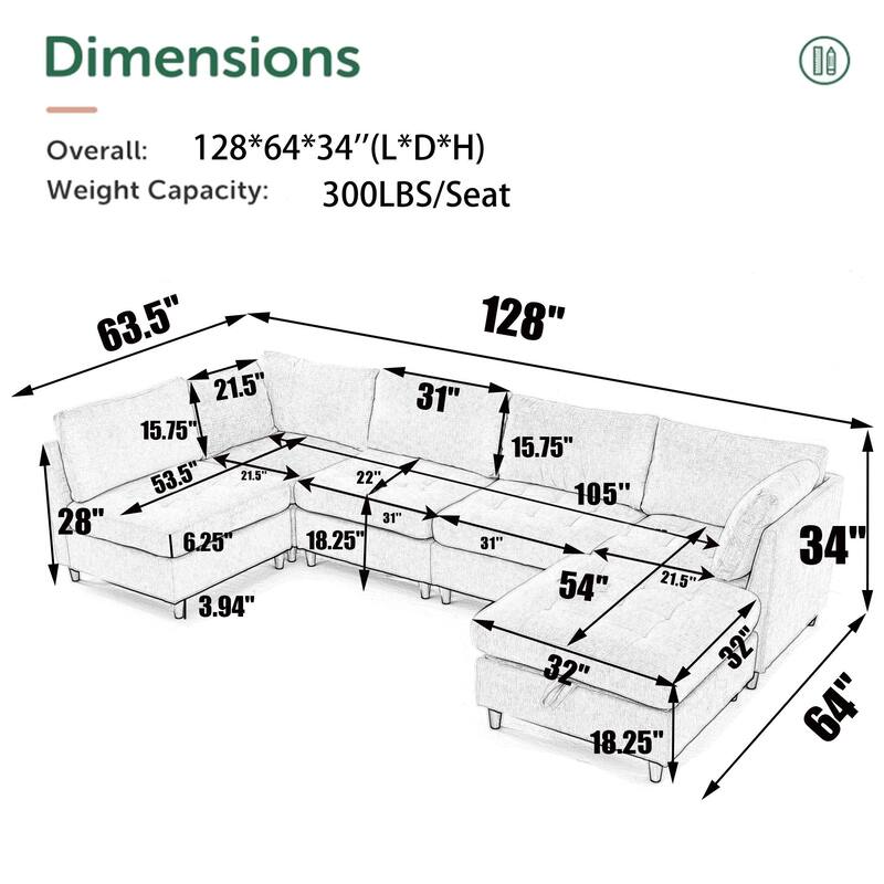 128" Chenille U-Shaped Modular Sectional Sofa with Storage Ottoman, Pocket Spring Support, and 6-Seat Configurable Design