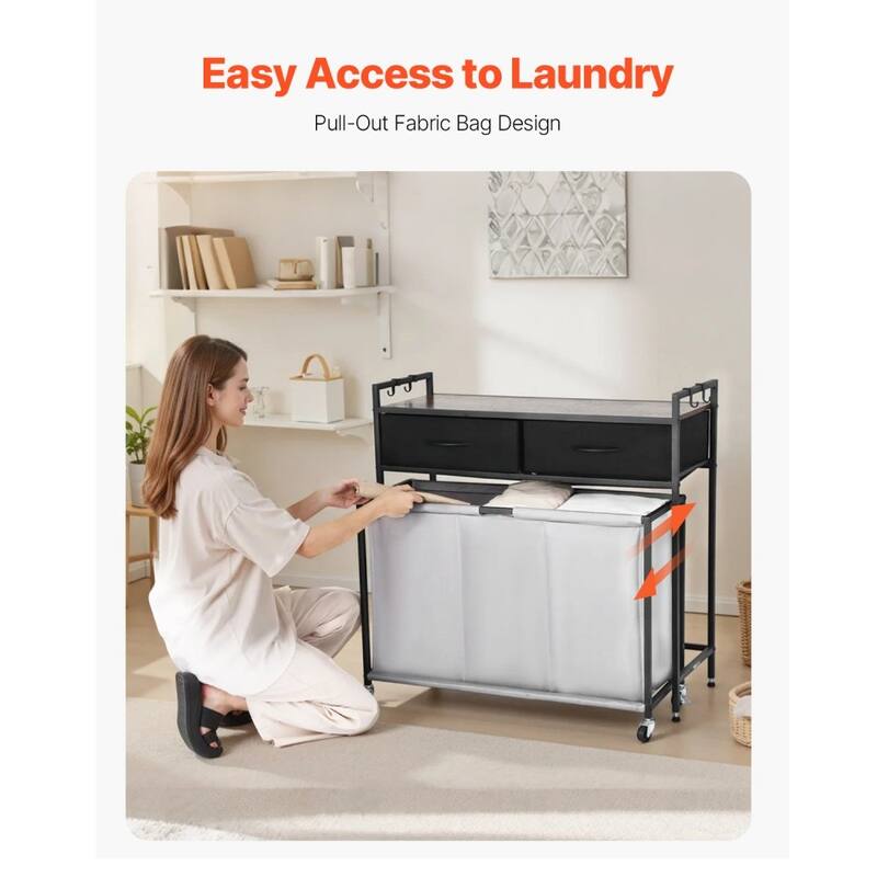Black Laundry Hamper with 3 Removable Bags, 2 Drawers and Top Shelf for Bathroom or Bedroom - 32.68 x 12.60 x 31.89 in