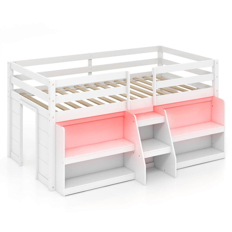 Gymax Twin Size Loft Bed w/ LED Lights Staircase & Safety Guardrail - White