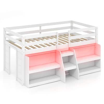 Gymax Twin Size Loft Bed w/ LED Lights Staircase & Safety Guardrail