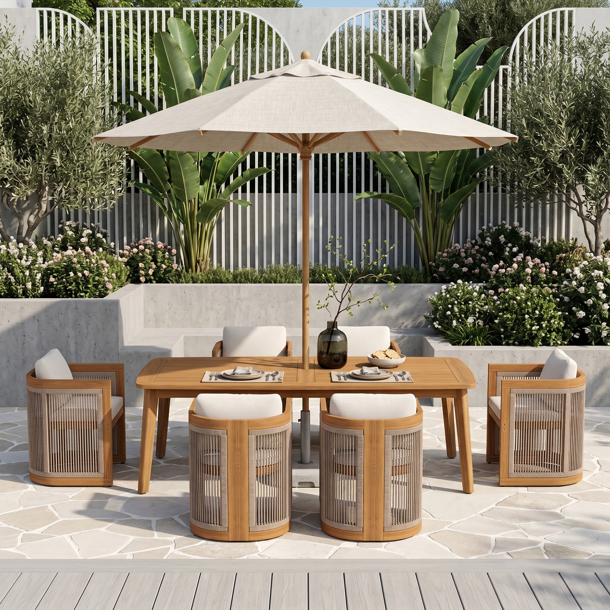 7-Piece Outdoor Dining Set Acacia Wood Patio Rope-Woven Arm Chair with Cushions and Dining Table with Umbrella Hole