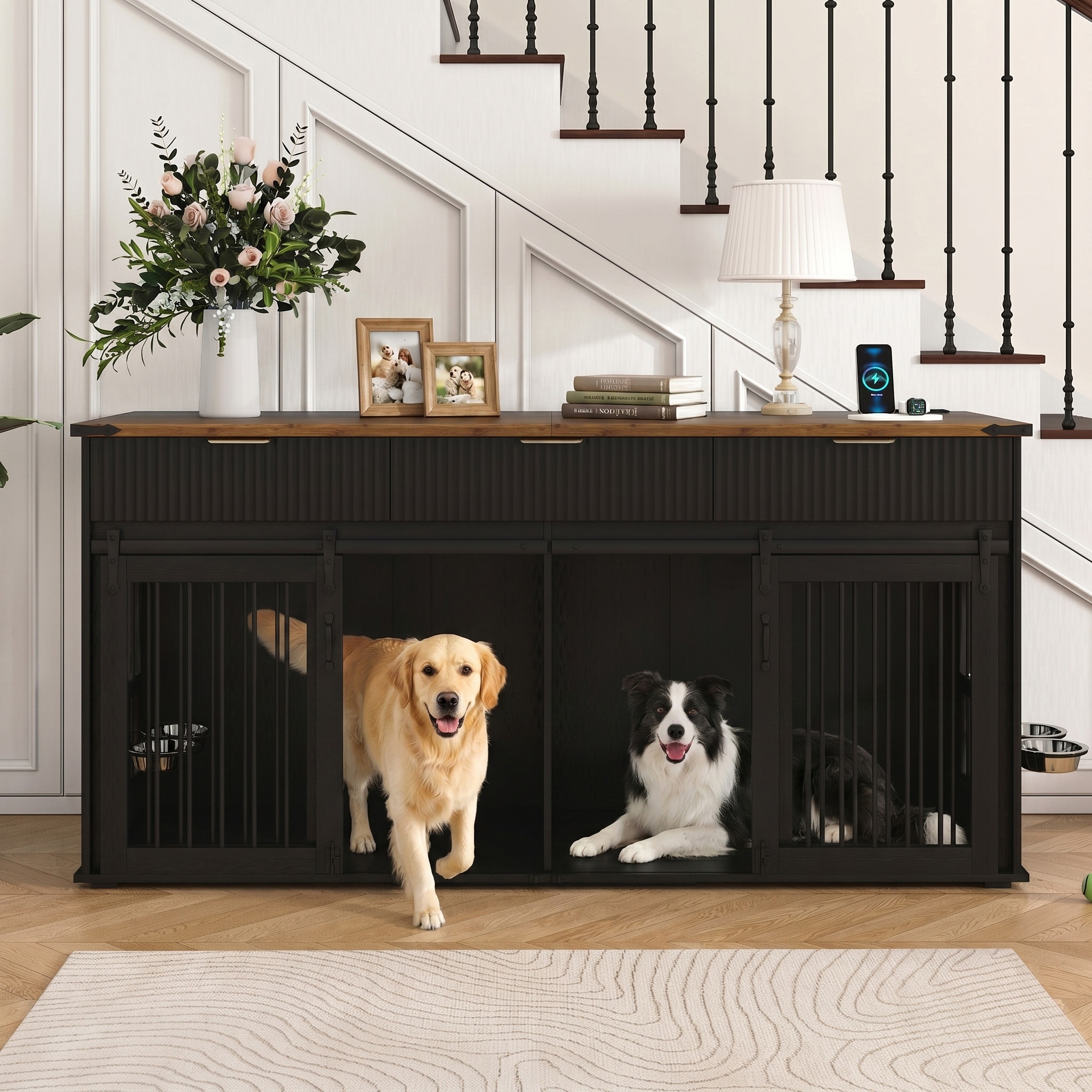 Modern MDF Double Dog Crate Furniture with Storage and Charging Station by GDFStudio