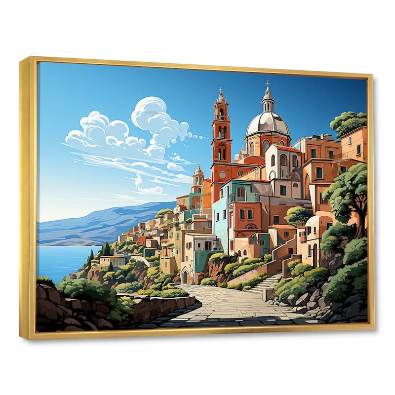 Designart "Italian Village By The Coast II" Landscape Italy Green Wall Decor - Global Entryway Framed Wall Art