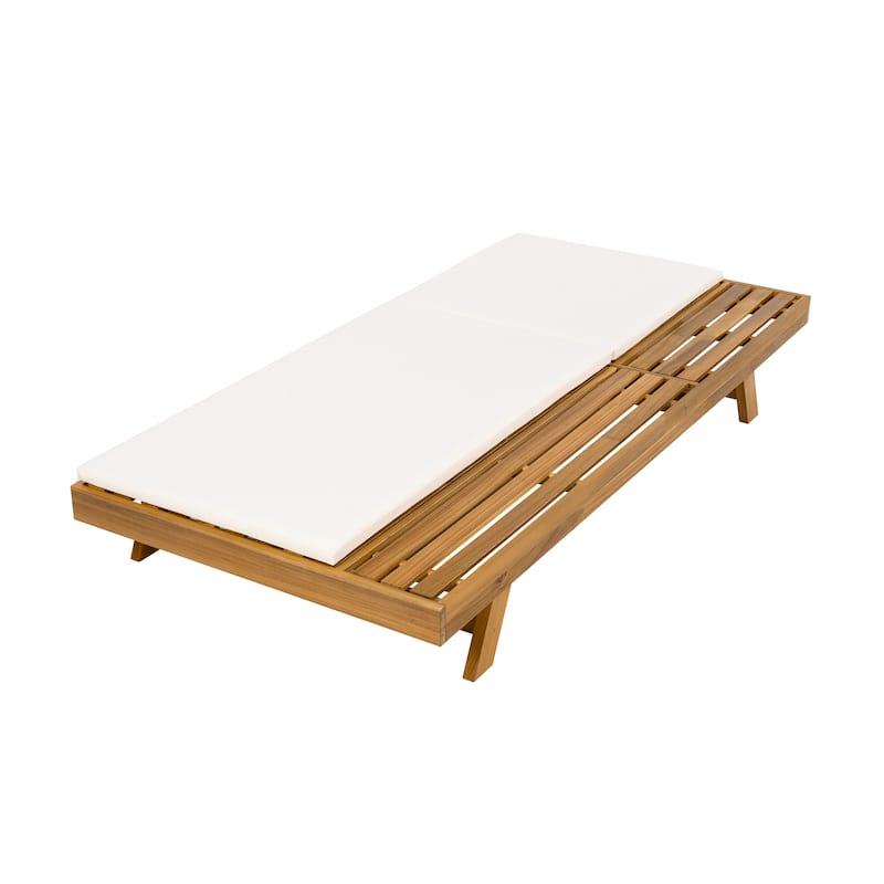 One-sided Open Storage Lounge Chairs Outdoor Patio Acacia Wood Chaise Lounge with Adjustable Backrest & Water-repellent Cushions