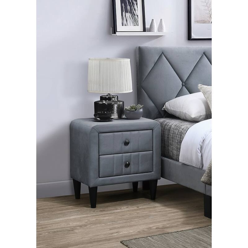 Modern Grey Velvet Nightstand with 2 Drawers and Tempered Legs