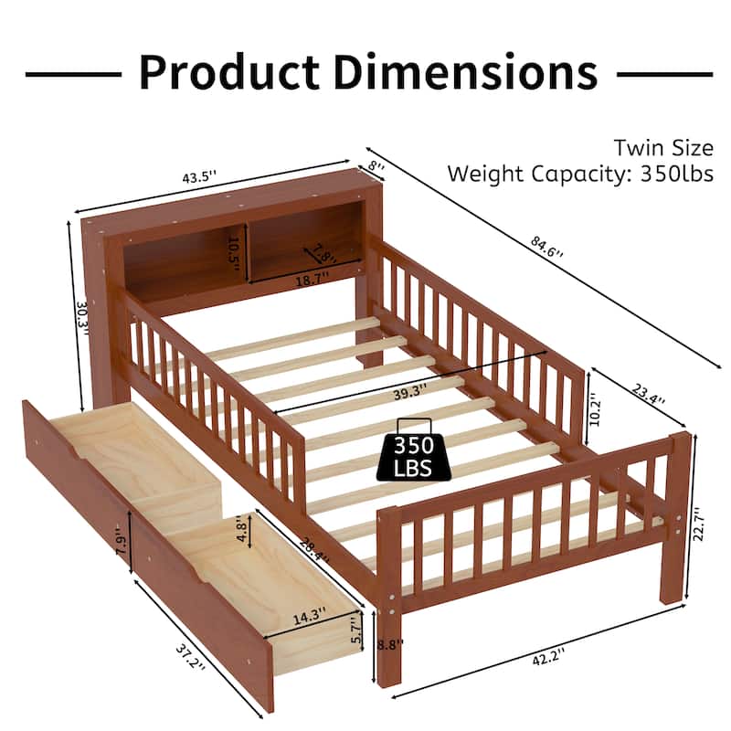 Twin Size Platform Bed with Built-In Headboard Shelves, Safety Guardrails & 2 Storage Drawers, Space-Saving Wood Frame