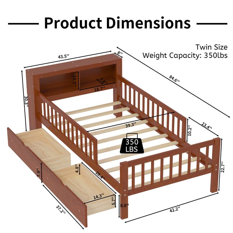 Twin Wood Storage Bed with 3-Side Guardrails, Underbed Drawers & Headboard Storage