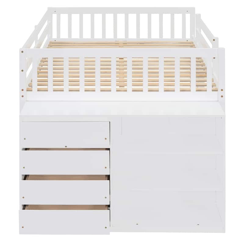 Full Over Full Bunk Bed with 4 Drawers and 3 Shelves in Solid Pine