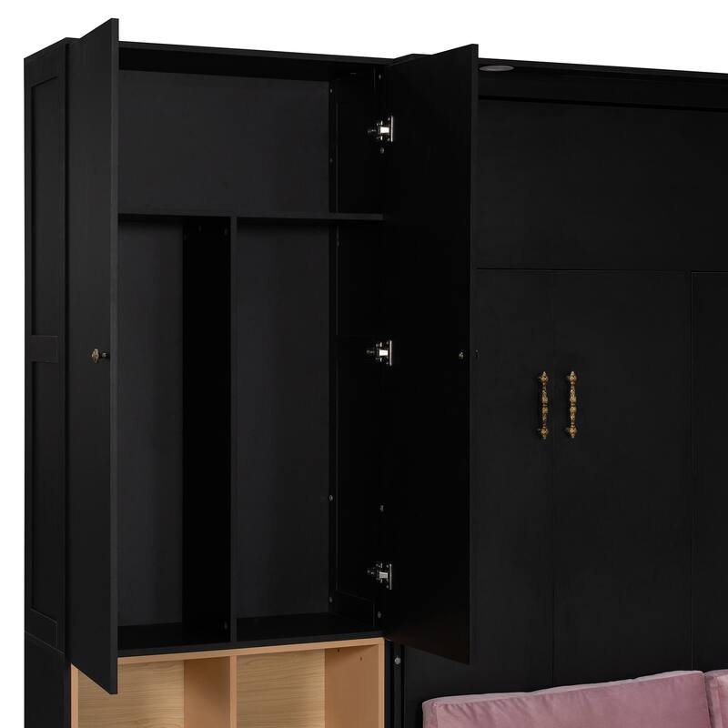 Modern Queen Murphy Bed with Sofa & Storage Shelves, Space-Saving Wall Bed with Integrated LED Lights