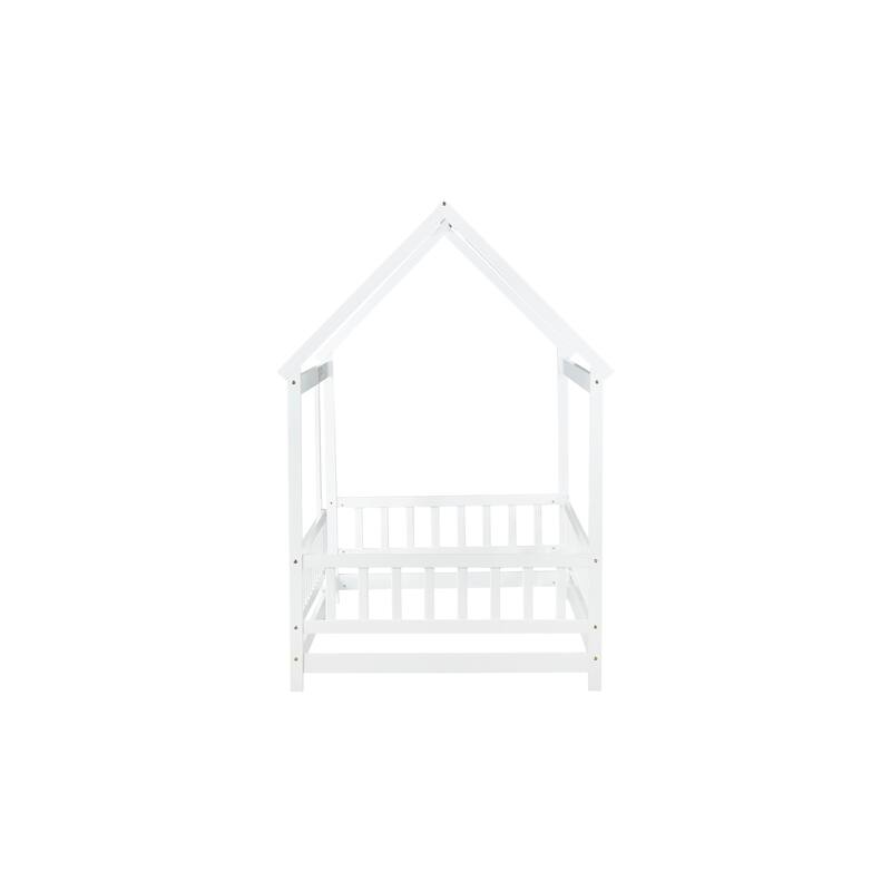 Twin Size Rubber Wood Canopy Bed with Roof Frame and Safety Guardrails