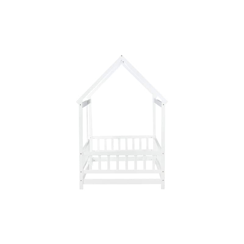 Twin Size Wooden Floor Bed with Roof Frame and Guardrails, Montessori Style Kids House Bed